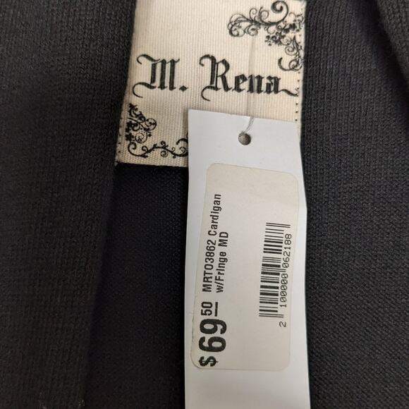 M. Rena Black Long Sleeve Fringe Cardigan Open Front Knit Size M NWT - Picture 2 of 7